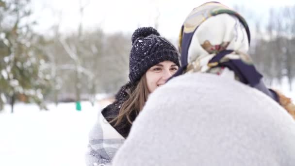 Dos chicas cubiertas de cuadros hablando, sonriendo y bebiendo té en el parque de invierno 4K — Vídeo de stock