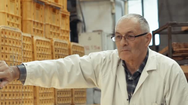 Ancien boulanger contrôlant le processus de cuisson — Video