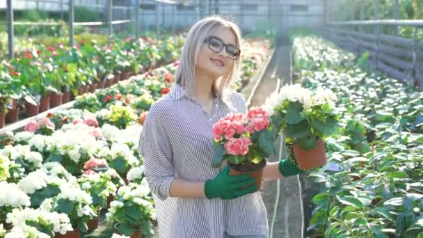 Happy smiling female gardener holding flowerpots 4K
