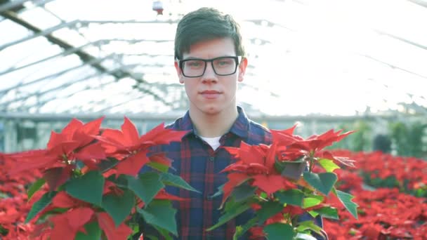 Щасливий садівник показує червоні квіти і посміхається камері 4K — стокове відео