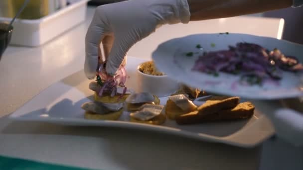 Jefe Maestro haciendo presentación de plato en 4K — Vídeo de stock