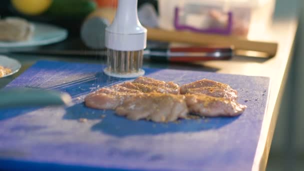 Close up of flavoring meat chops. Slow motion — Stock Video