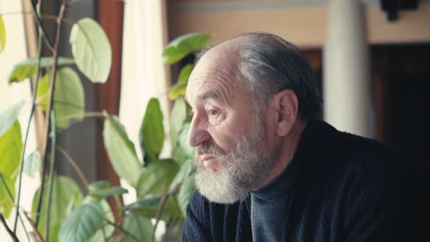 Портрет одинокого старика, смотрящего в окно и на камеру 4К — стоковое видео