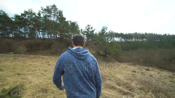 Обратный взгляд человека, идущего по лесной лужайке — стоковое видео