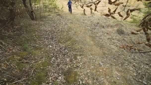 Un deportista guapo corriendo por el camino por la mañana. Despacio. — Vídeos de Stock