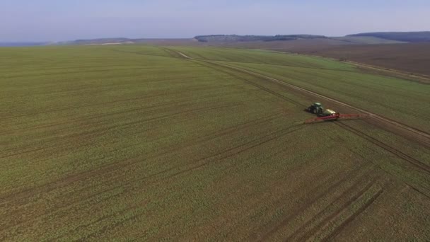 Aerial footage of tractor sprinkles the rapeseed field with chemicals in 4K — Stock Video