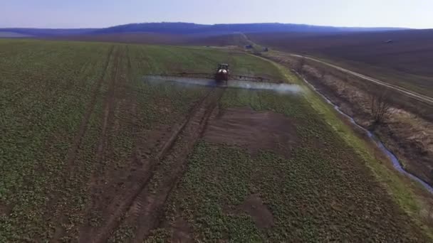 Des images aériennes du tracteur saupoudrent le champ de colza avec des produits chimiques en 4K — Video