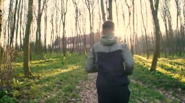 Geri 4 k ormanda çalışan genç bir adam bak