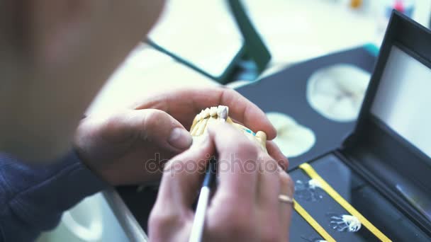 牙医在 4k 使人类颌骨模型 — 图库视频影像