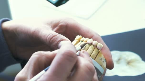 Odontotecnico che applica smalto ceramico ad un getto realizzato con macchina dentale CNC — Video Stock