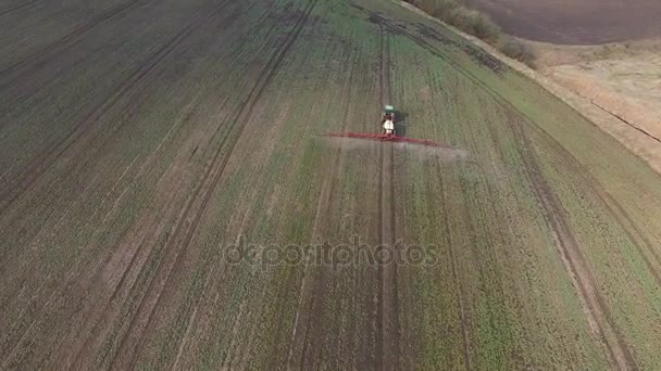 トラクターの空中映像は 4 k で化学物質と菜種フィールドを振りかける — ストック動画