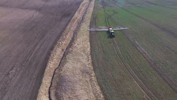 Des images aériennes du tracteur saupoudrent les champs de colza avec des produits chimiques en 4K 