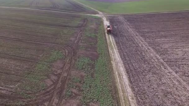 Luchtfoto van de trekker rijdt in de velden op de weg in 4k — Stockvideo