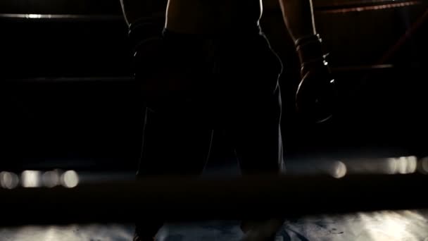 Boxer stanco cade sul ring nel buio con le luci. Lentamente. — Video Stock