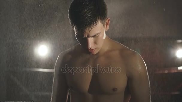 Portrait of boxer stands under water splashing on ring looking at camera. Slowly — Stock Video