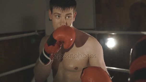 Hezký kickboxer školení hity s partnerem ve studiu boxu. Pomalu — Stock video