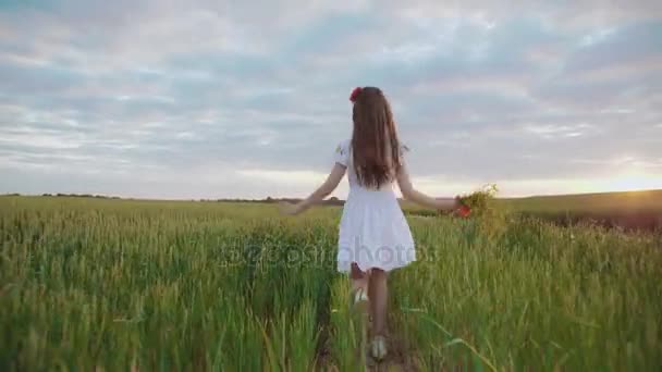 Roztomilý dívka v kroji výšivky skoky v pšenic s kyticí — Stock video
