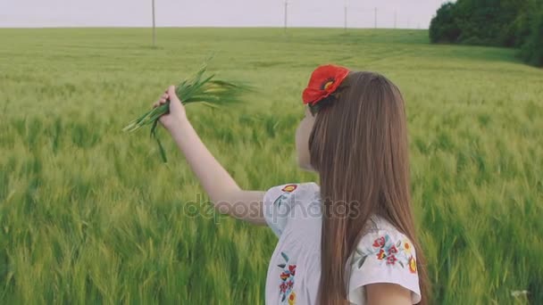 Glad ung flicka i broderi klänning poserar med Stenskvättor i en hand i fältet — Stockvideo