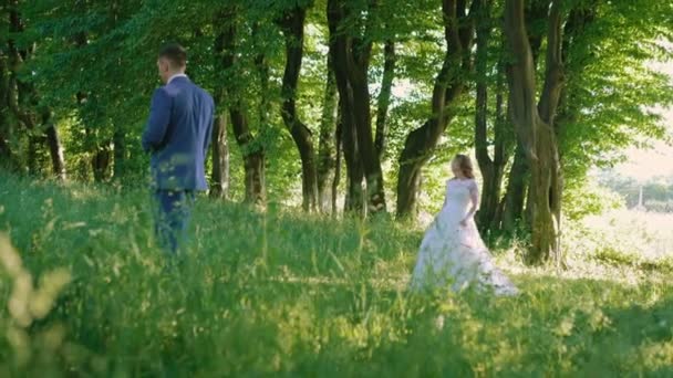 Mariée heureuse vient se toiletter dans la forêt d'été 4K — Video