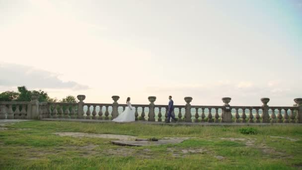 Matrimonio coppia lontano dalla fotocamera sulla zona del castello 4K — Video Stock