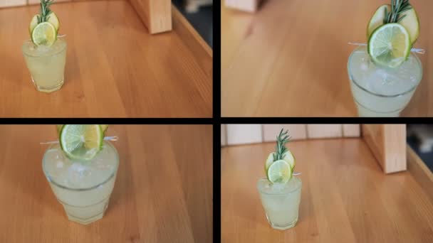 Montaje de cóctel fresco con presentación de frutas en la mesa — Vídeo de stock