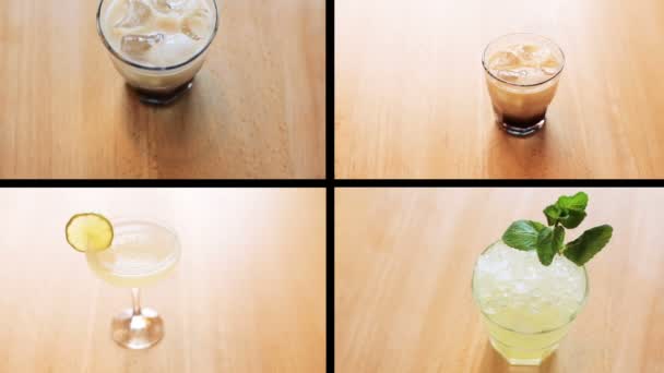 Монтаж четырех вкусных свежих напитков на заднем плане — стоковое видео