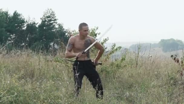 Entrenamiento de combate libre con espadas en el campo salvaje. Despacio. — Vídeo de stock