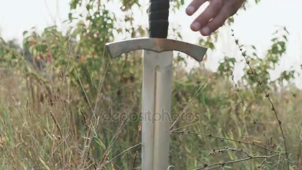 Weergave van zwaard in de grond op de steppe. Langzaam — Stockvideo