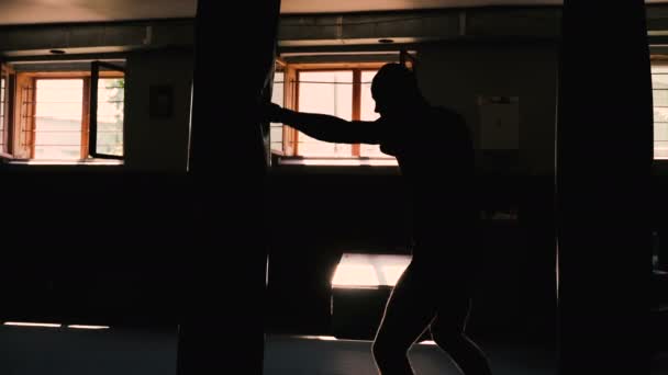 Kickboxer silhouette boxing with punching bag indoor. 4K — Stock Video