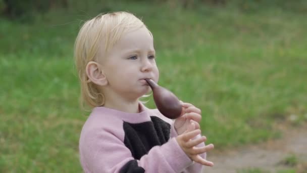 O retrato da criança pequena feliz joga e tenta soprar um balão em um parque — Vídeo de Stock