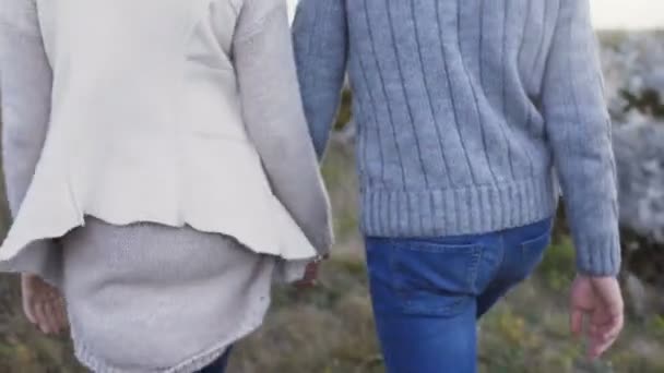 Back view of lovely couple walking at the rock in windy day. 4K — Stock Video