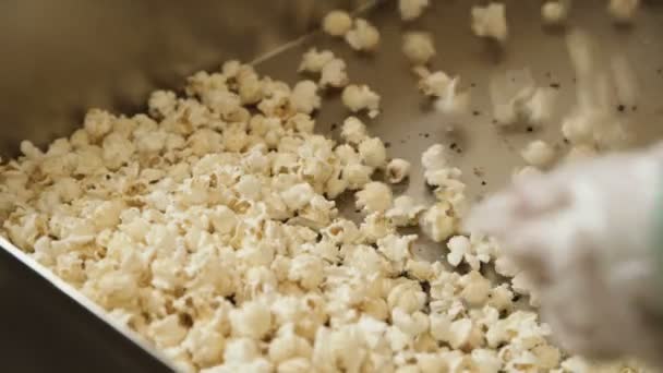 Palomitas de maíz tostadas frescas poniendo en porciones en la fábrica 4K — Vídeo de stock