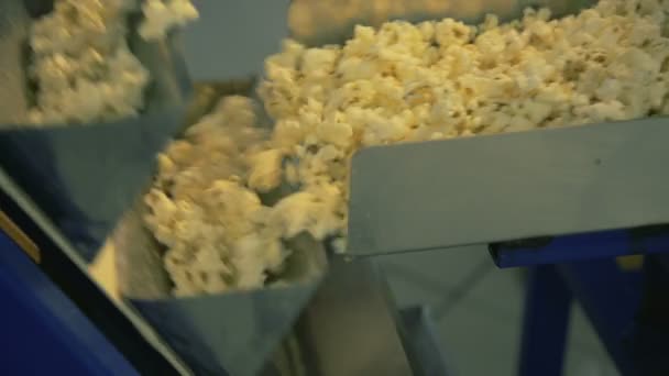 Процесс приготовления попкорна в конвейере на заводе 4К — стоковое видео