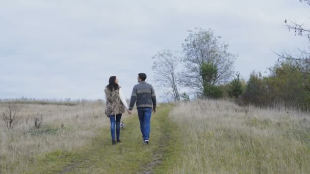 Underbara unga par promenader på naturen och smekande. 4k — Stockvideo