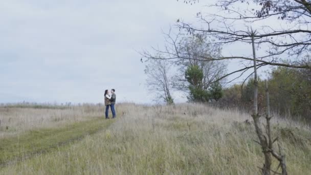 Mooie jonge paar lopen op natuur en strelen. 4k — Stockvideo