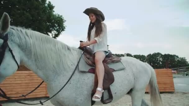 Молодая красивая девушка занимается конным спортом. 4K — стоковое видео