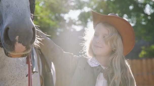 Bastante hembra adolescente ceressing amistoso caballo blanco en un área. 4K — Vídeo de stock