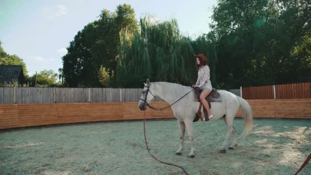 Joven chica feliz se sienta en un bonito caballo blanco en la zona. 4K — Vídeo de stock