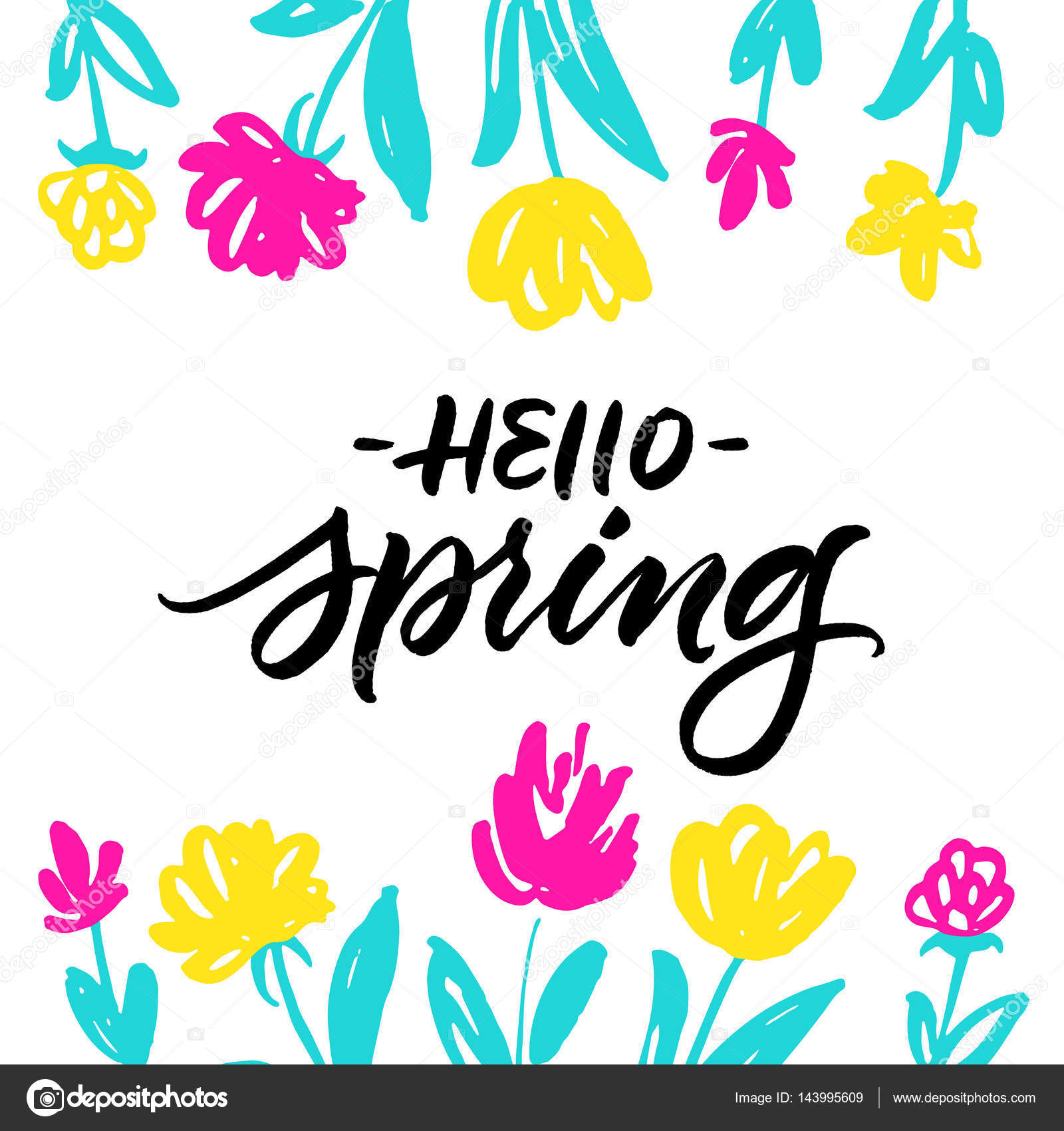 Cartolina d auguri Ciao primavera con colorati a mano fiori disegnati — Vettoriale Stock