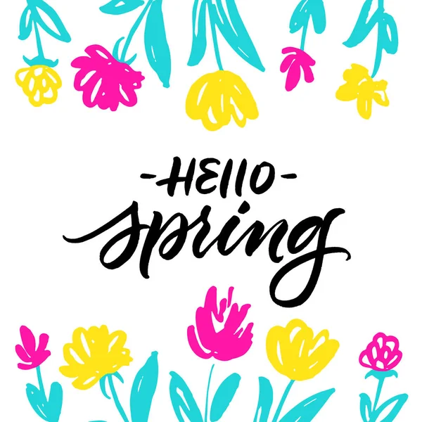 Hello Spring greeting card with colorful hand drawn flowers — Stock Vector