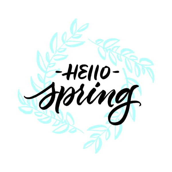 Hello tavaszi üdvözlés kártya-val levelek koszorú — Stock Vector