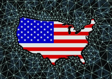 USA map silhouette on black background with digital blockchain grid and bitcoin signs. US digital currency concept.