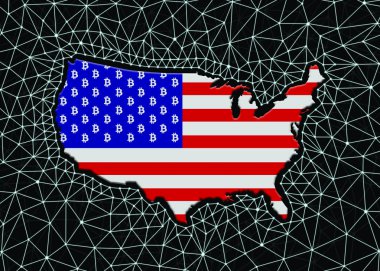 USA map silhouette with bitcoin sign on the map, on a black background, with a digital blockchain grid. US digital currency concept.