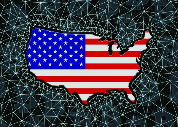 Usa Map Silhouette Black Background Digital Blockchain Grid Bitcoin Signs — стокове фото