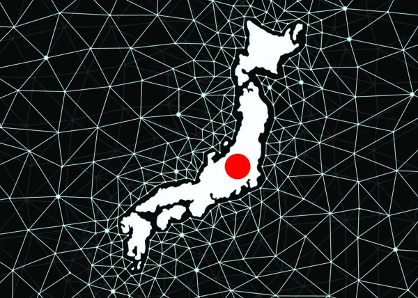 Japan map silhouette on a black background with digital blockchain grid and bitcoin signs. Japan Digital Currency Concept.