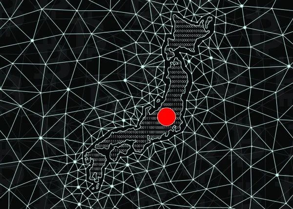 Map of Japan silhouette made of binary code, on a black background with digital blockchain grid and bitcoin signs. Japan Digital Currency Concept.