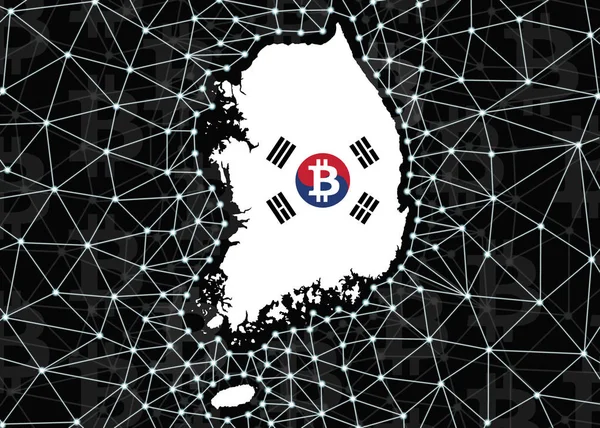 South Korea map silhouette, on black background with digital blockchain grid and bitcoin signs. South Korea Digital Currency Concept.