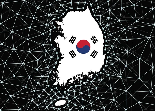 한국은 블랙 배경에 디지털 블록체인 그리드와 비트코인 표지판 이 있는 실루엣 지도를 만들었다. 한국의 디지털 화폐 개념. — 스톡 사진