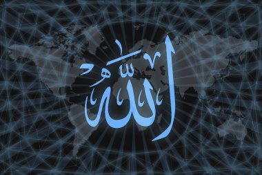 Allah Arapça bir yazı, kara zemin üzerinde bir dünya haritası ve bir ağ ile. Dünya dini kavramı.