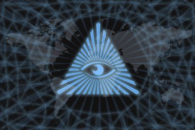 Illuminati symbol, on black background with world map and network. The concept of a world conspiracy. clipart
